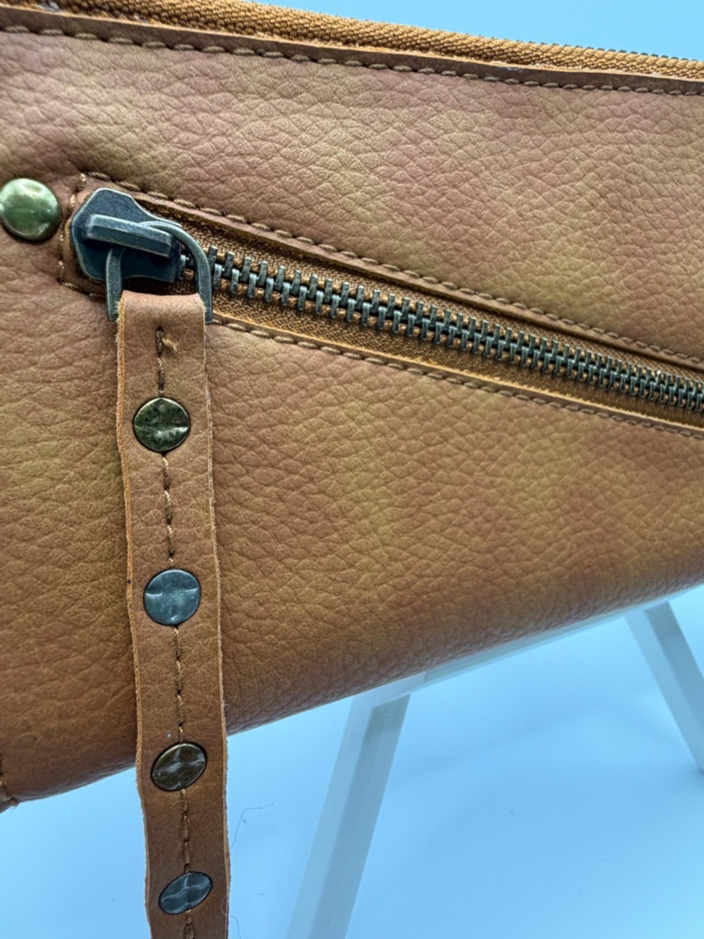 Free People Tan Leather Clutch with Studded Wristlet